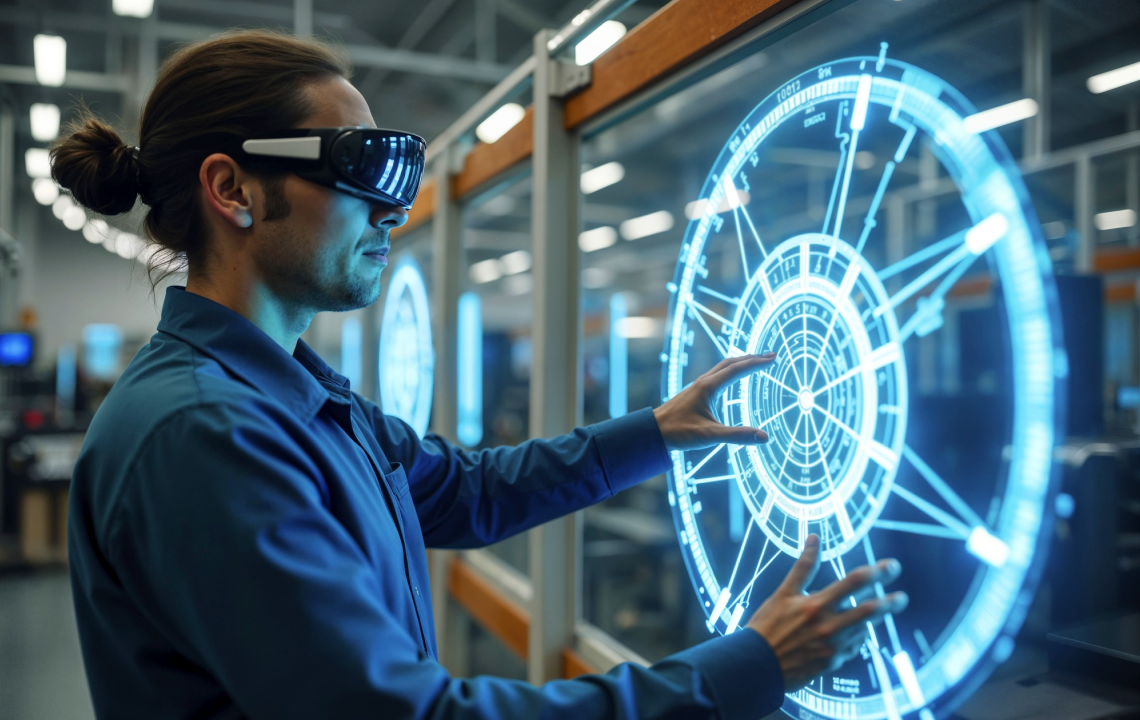 Engineer using AR headset with holographic interface