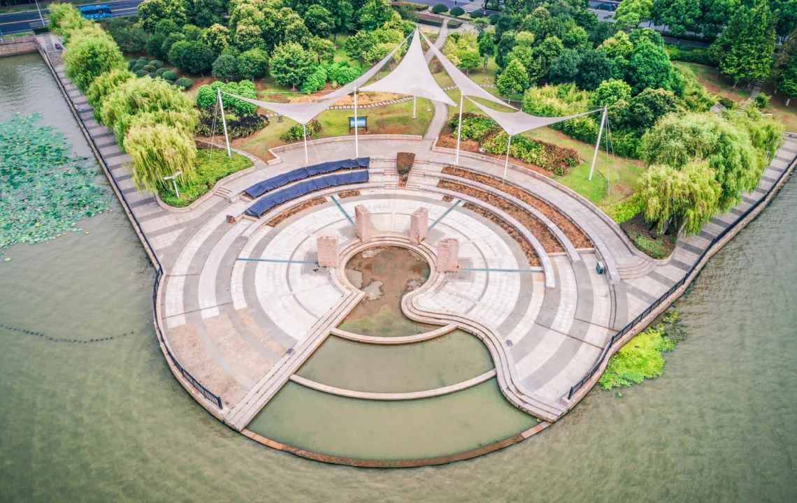 Aerial view of circular waterfront amphitheater