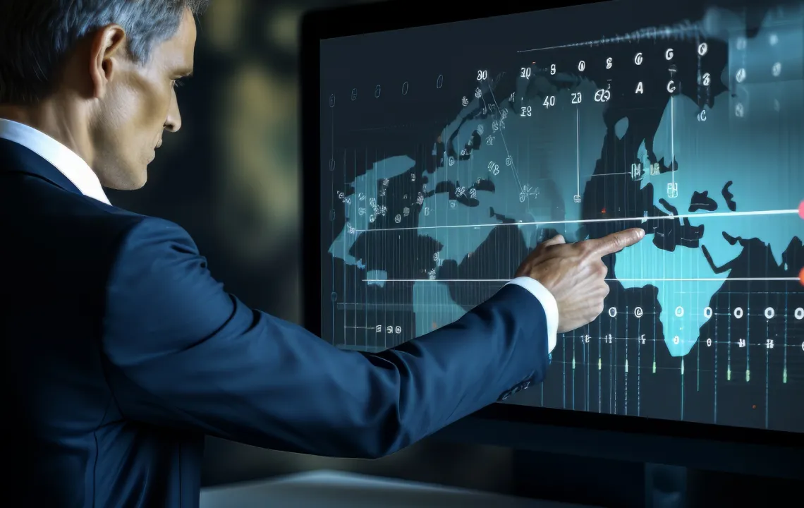 Businessman pointing at digital world map display